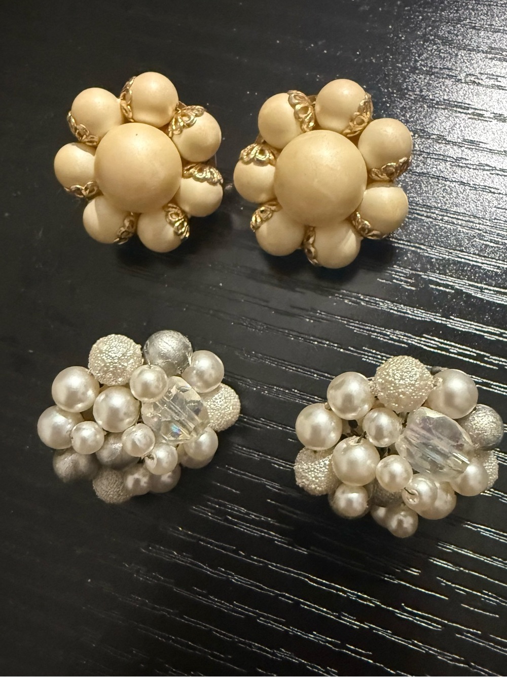 Vintage-Inspired Cream and Pearl Cluster Clip-On Earrings Set